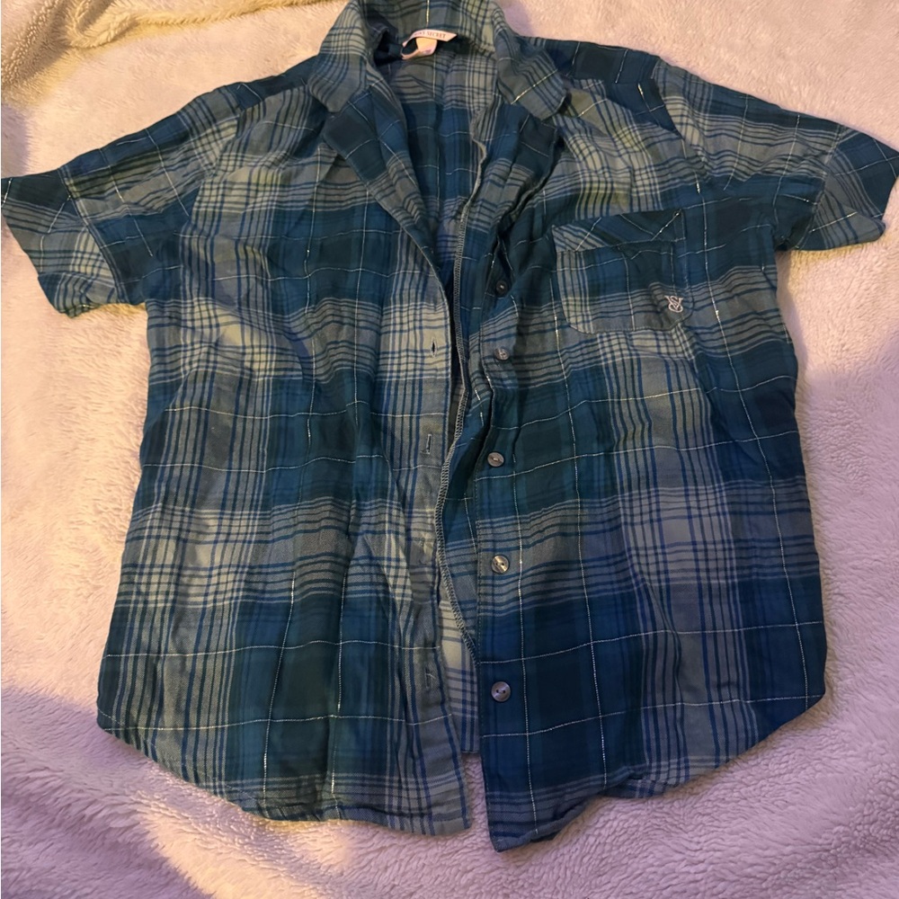 Victoria's Secret Green and Blue Plaid Short-Sleeve Button-Up Shirt